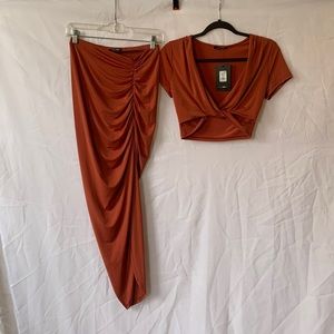 NWT Burnt orange matching set fashion nova cross front crop top & high-low skirt